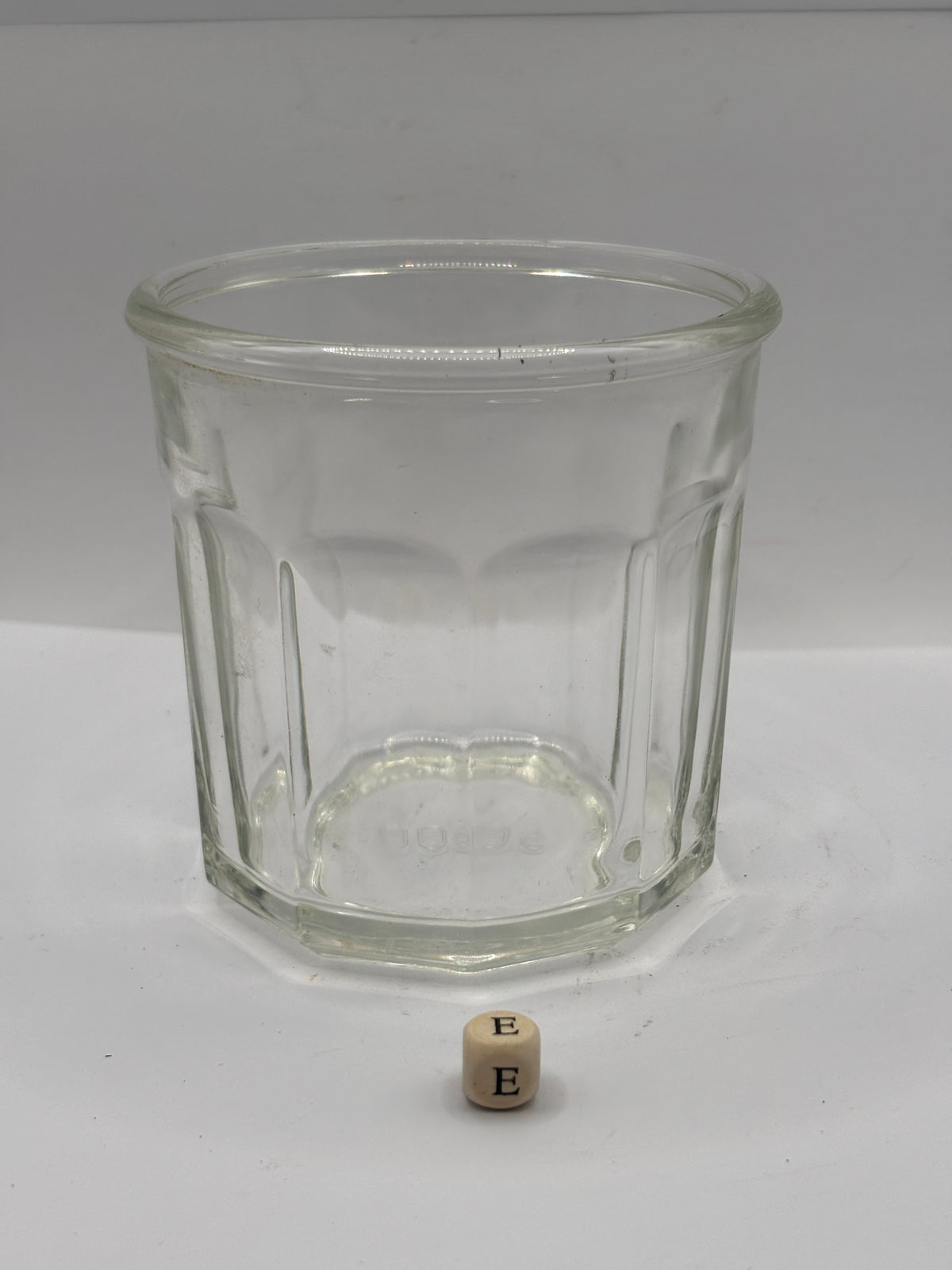Old clear glass French jam jar (e)