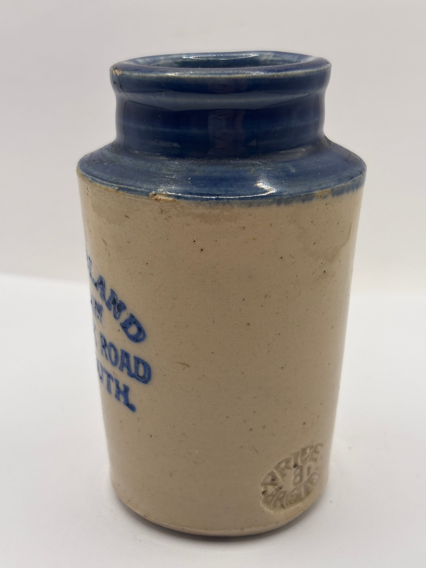 Old blue top advertising cream pot, Joseph Bland Plessey Dairy. Tynemouth