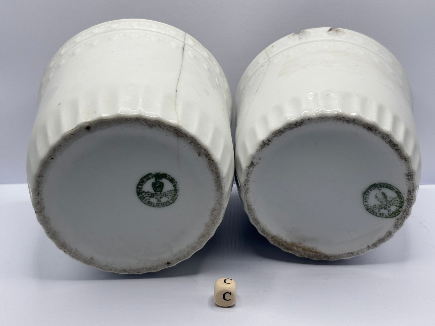 2 Old belgian stoneware jam/ preserve pots damaged (C)