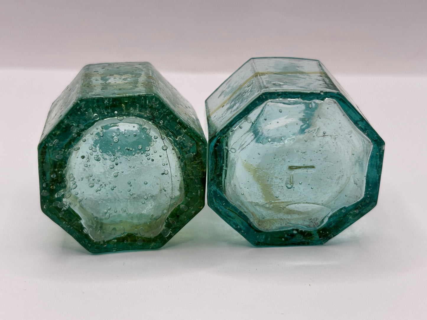 2 old swirly glass ink bottles, inkwells, penny ink
