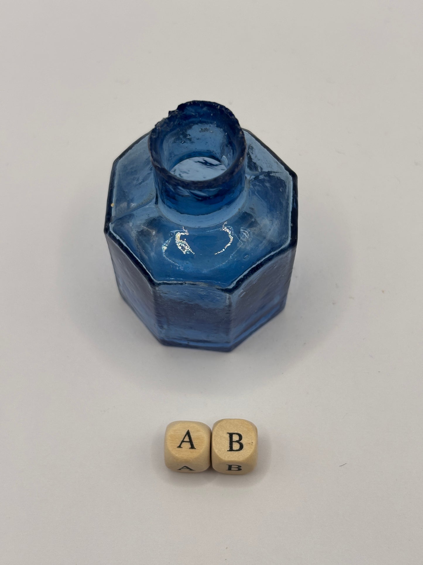 Old blue glass ink bottle, inkwell, penny ink (AB)