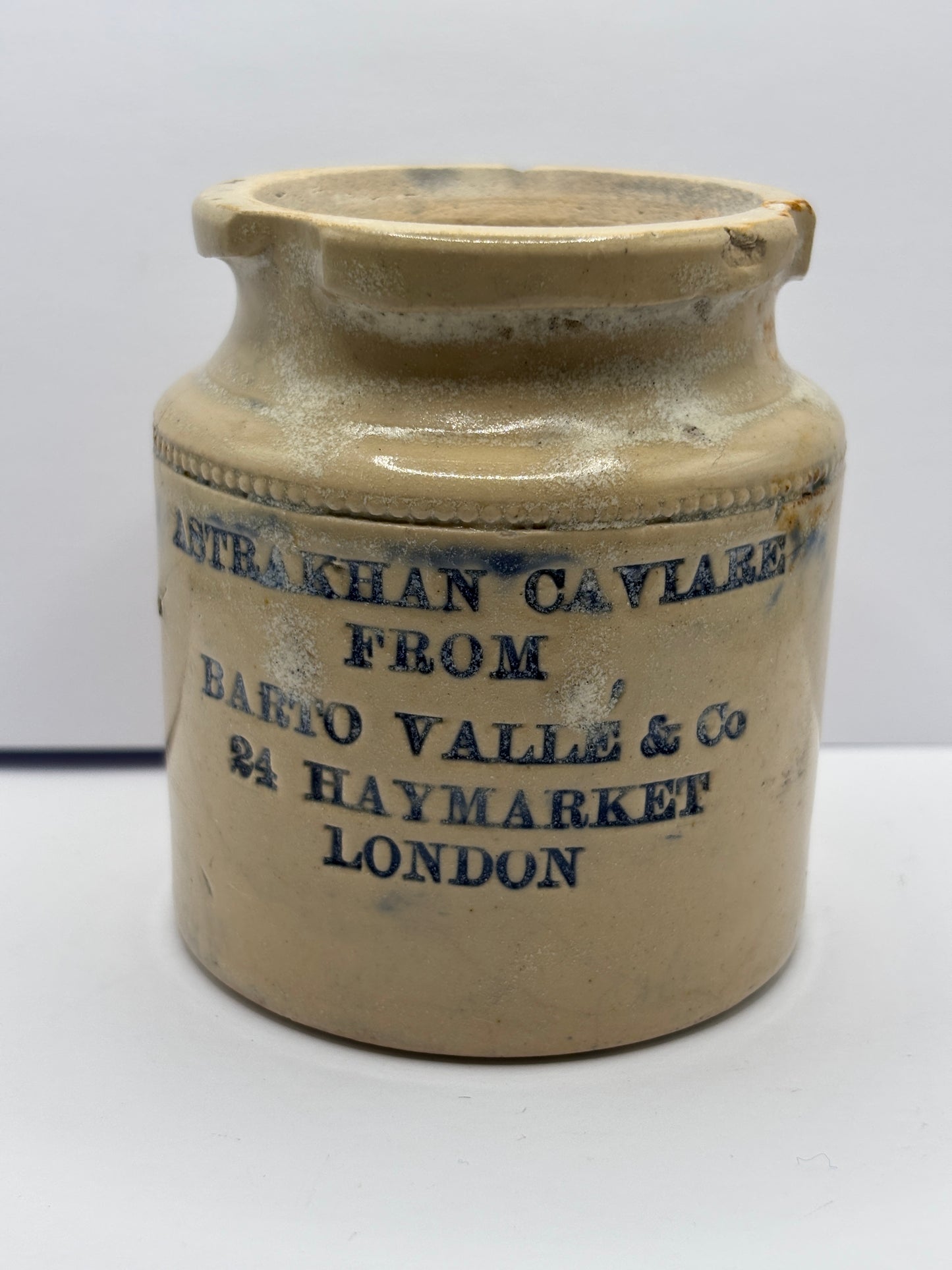 Old blue print stoneware caviare jar. Astrakhan caviare london