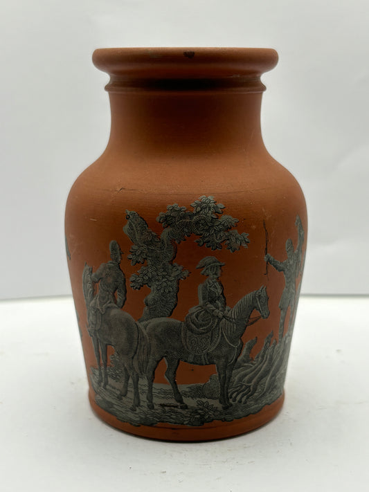 Brown prattware jar, hunting dogs