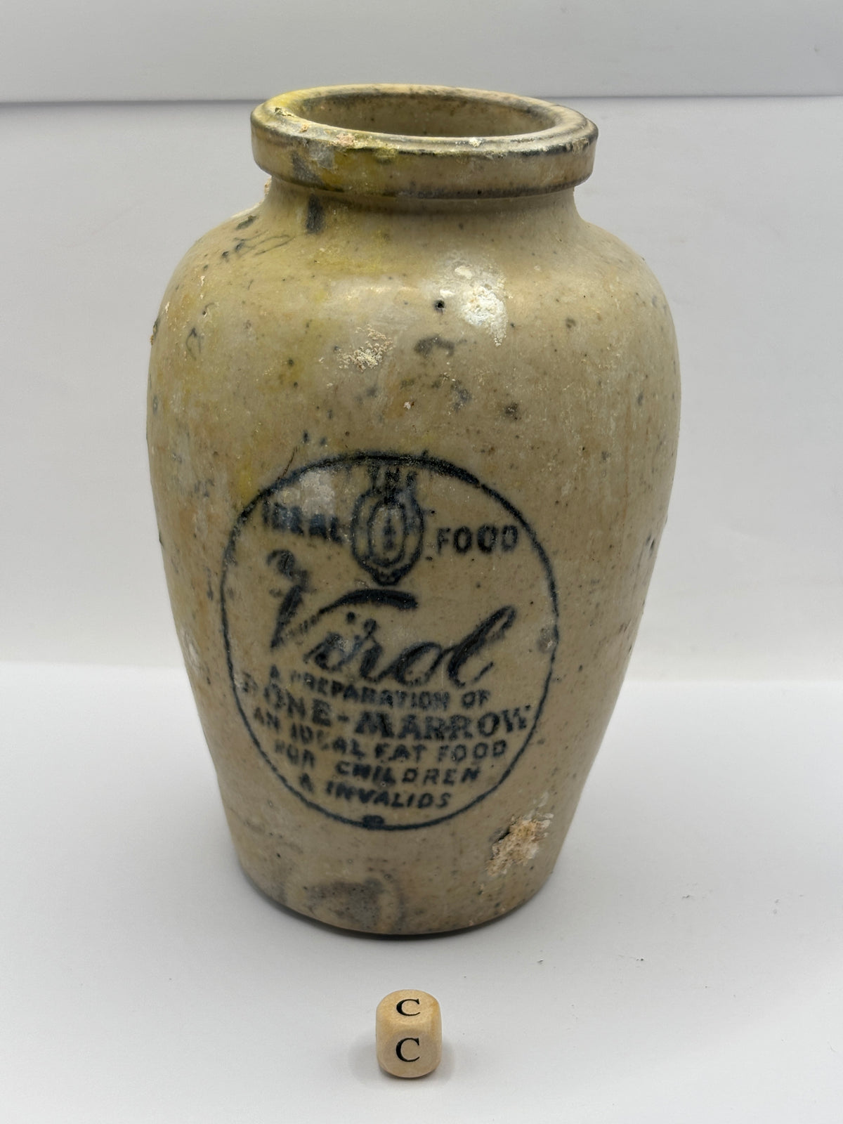 Old advertising stoneware Virol pot, 13.5cms (c) crusty/burnt