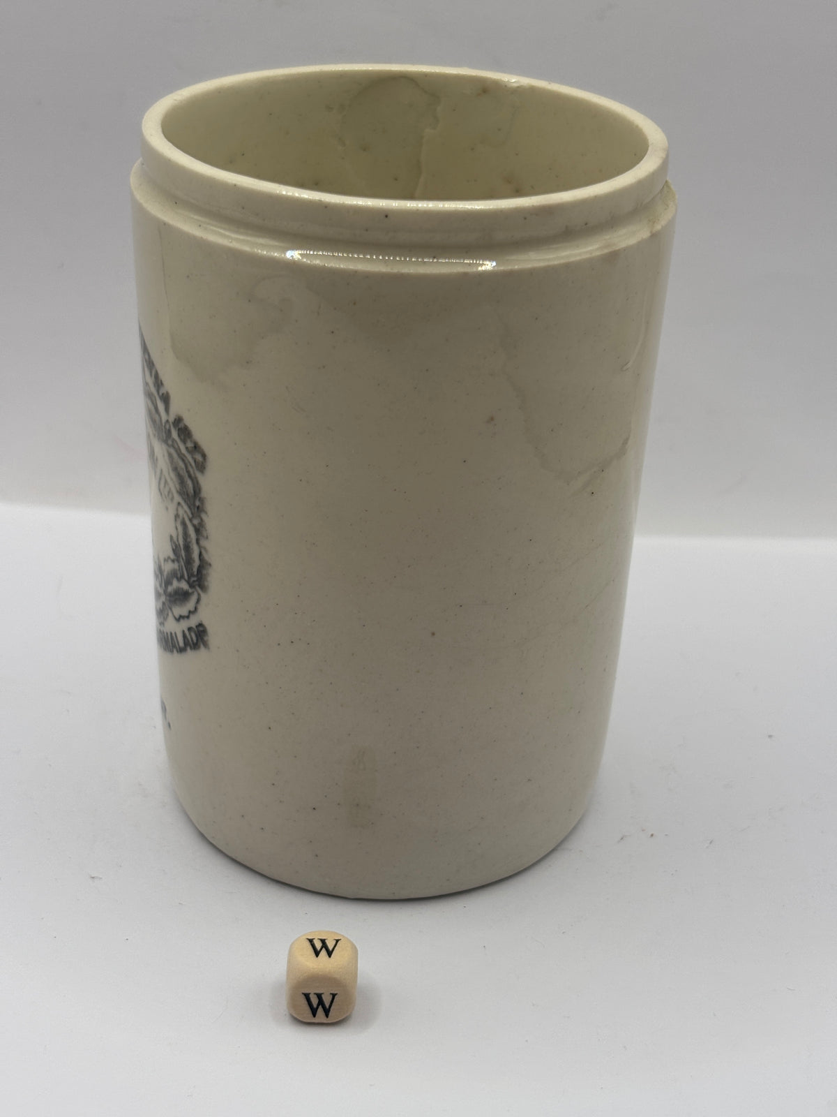 Old 1lb stoneware marmalade pot, James Keiller Dundee marmalade (w)
