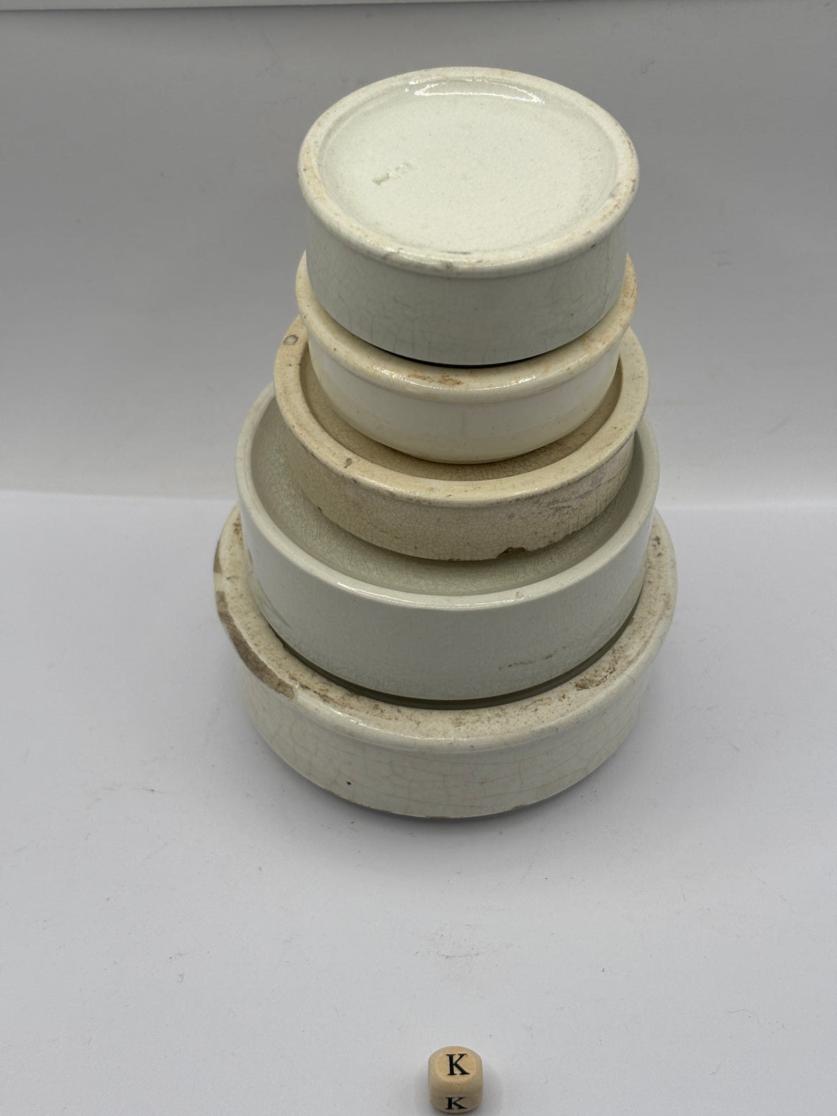 5 old stoneware pot lid bases, stackers (k)