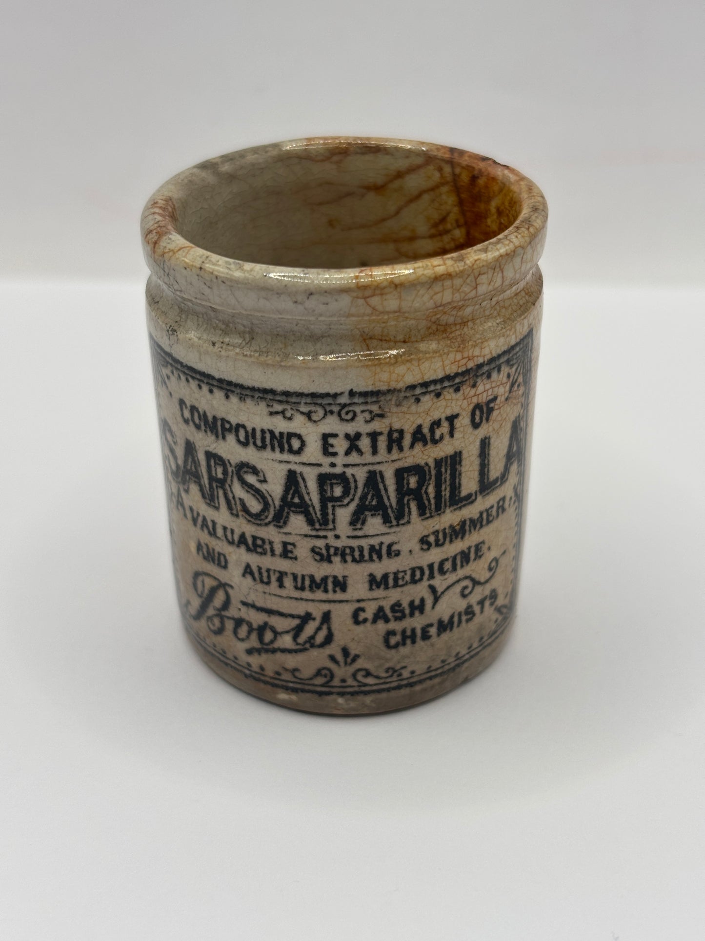 Old advertising pot, Boots Sarsaparilla