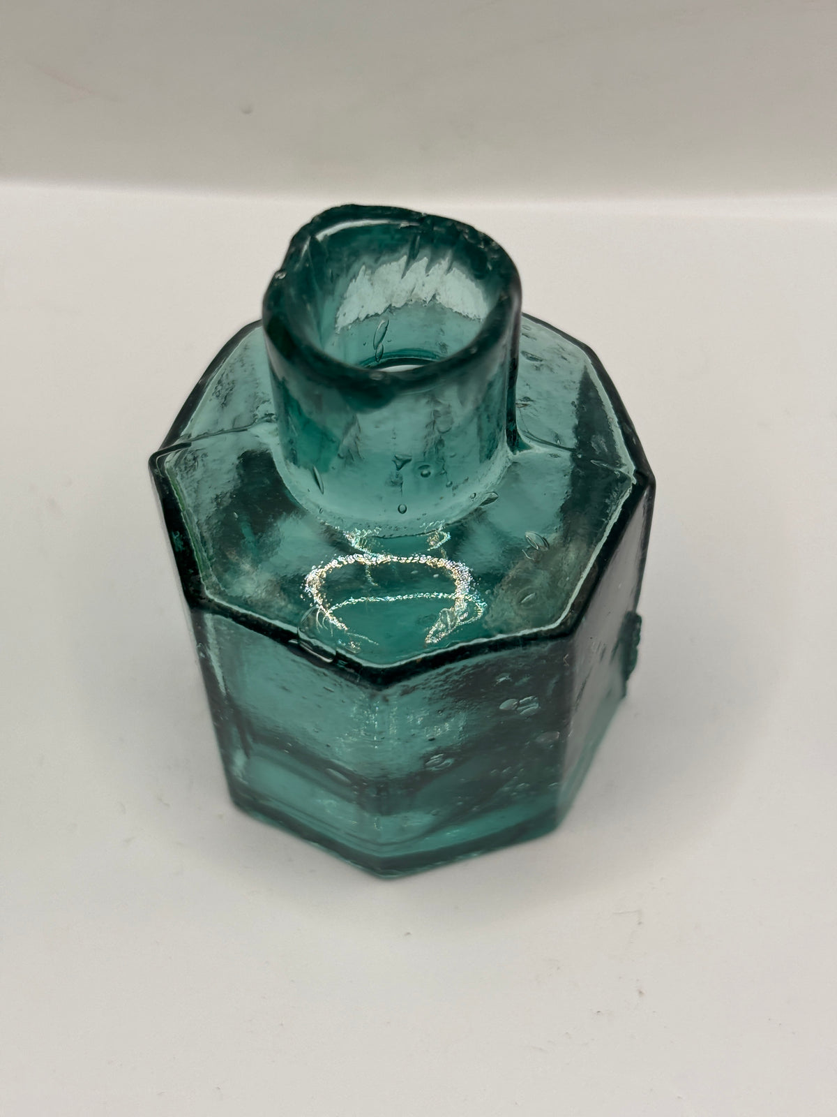Old dark aqua glass inkwell, ink bottle, penny ink