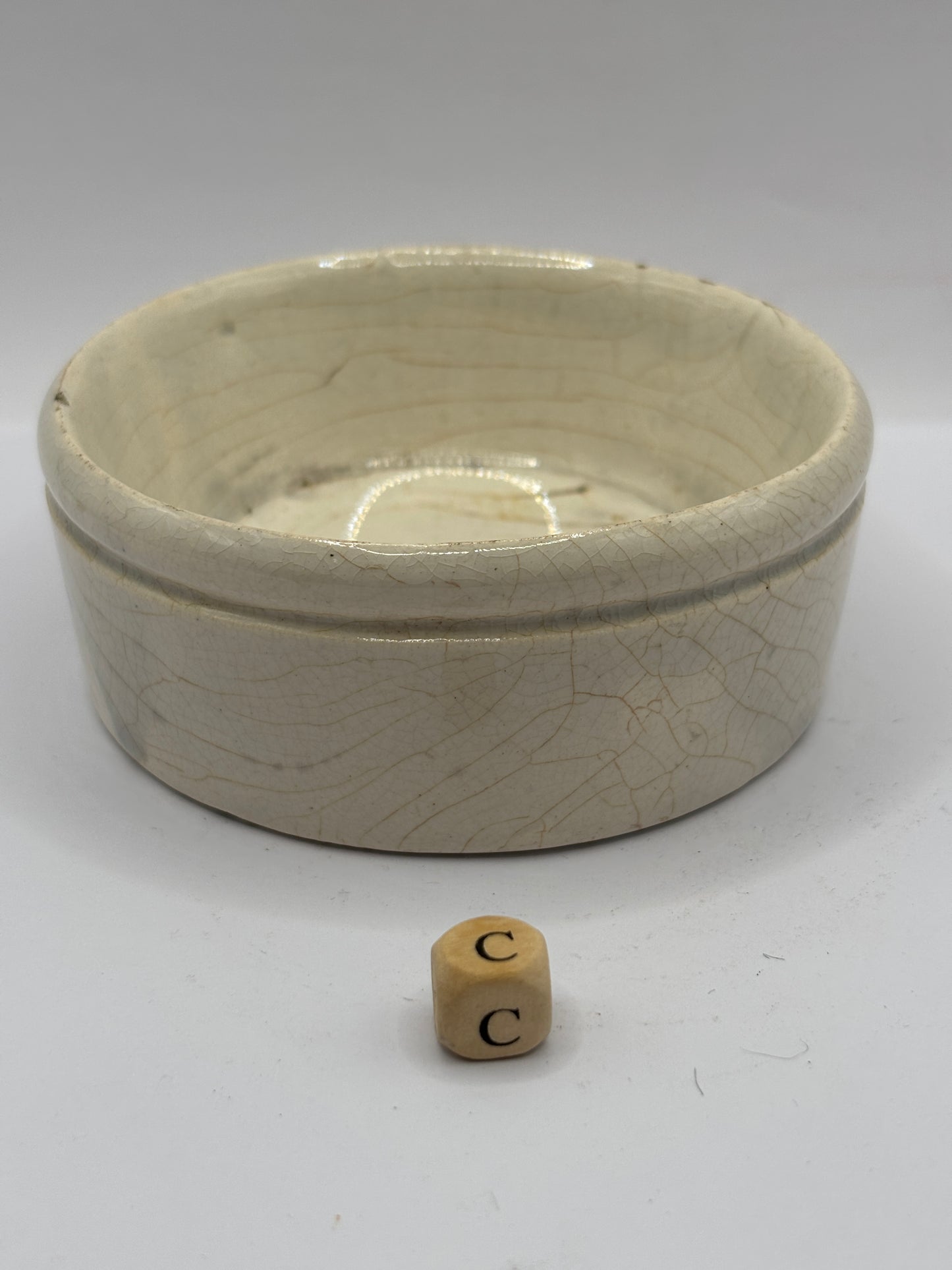 Old plain stoneware meat paste pot (c) stained & crazed