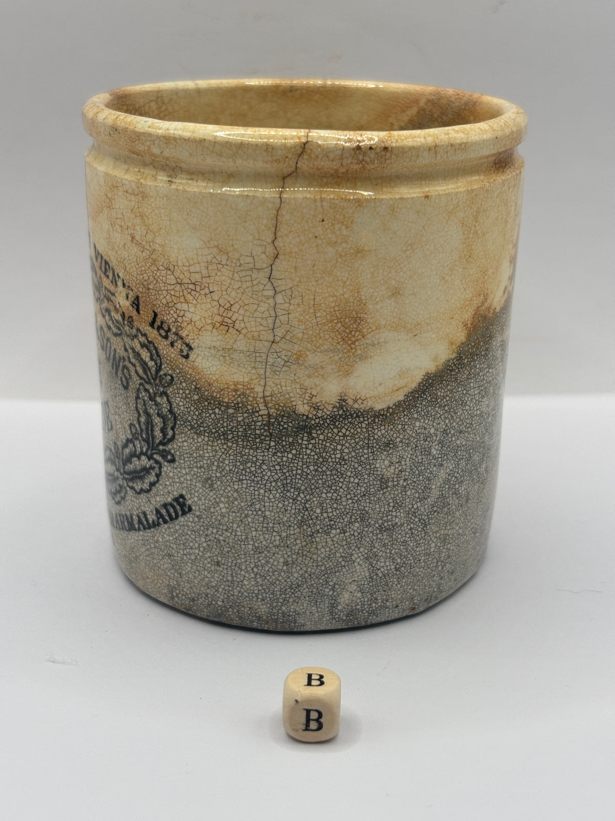 Old 1lb stoneware marmalade pot, James Keiller Dundee marmalade (B) hairlines
