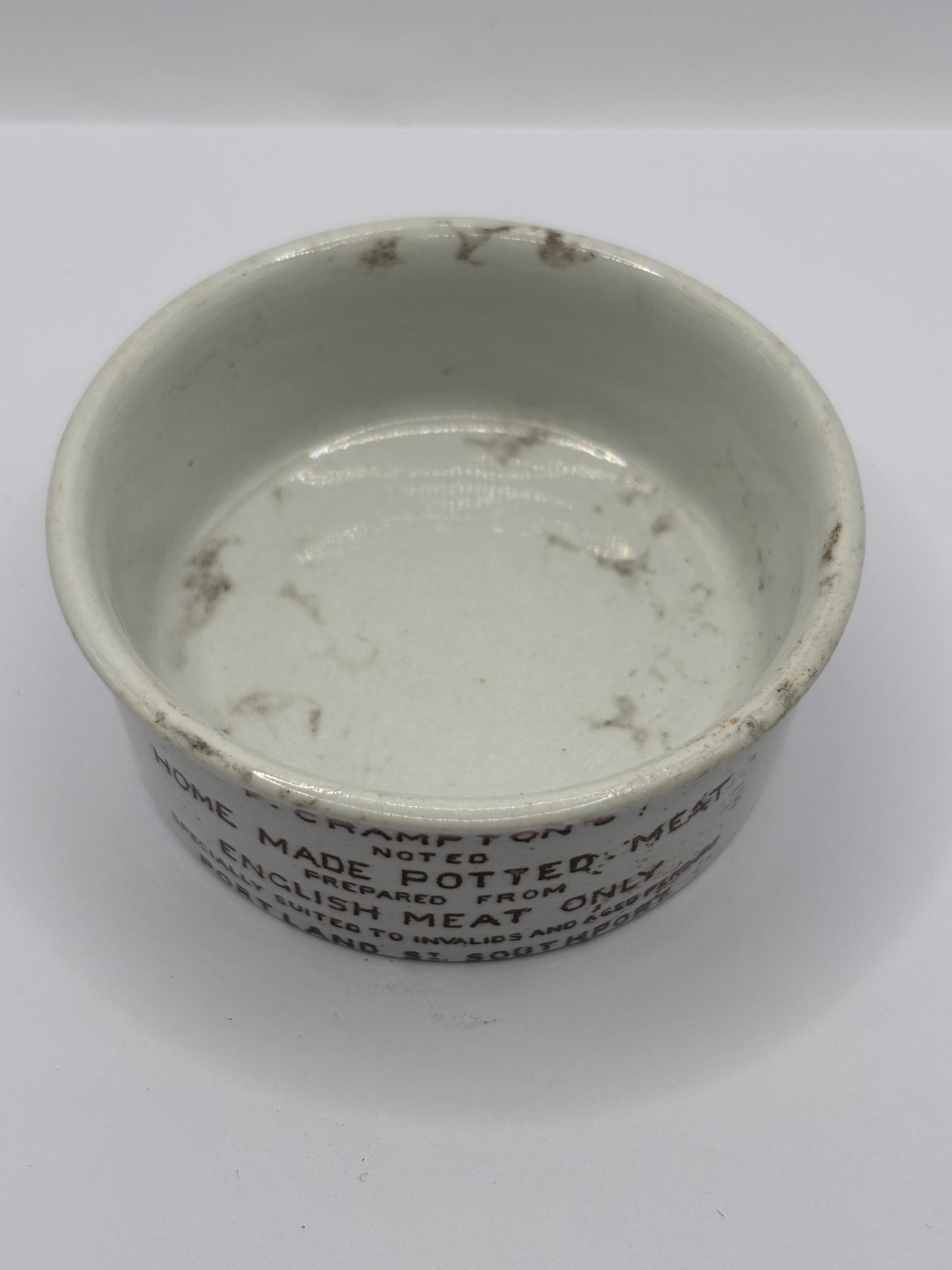 Old brown print cramptons advertising meat paste pot. Home made potted meat