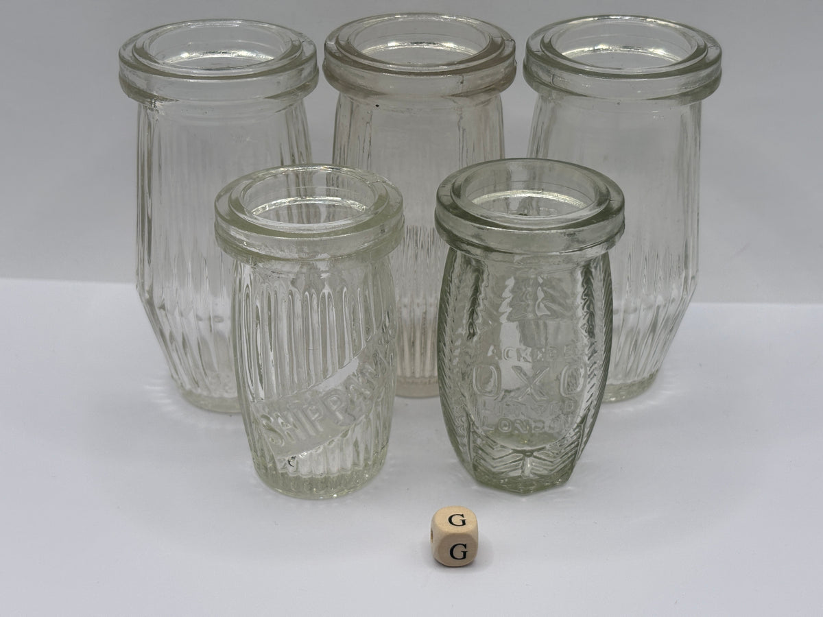 5 old clear glass meat paste jars (G)