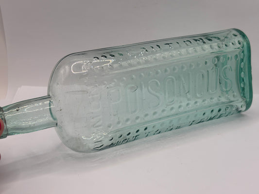 Old large aqua glass poison bottle, Poisonous (A) ammonia