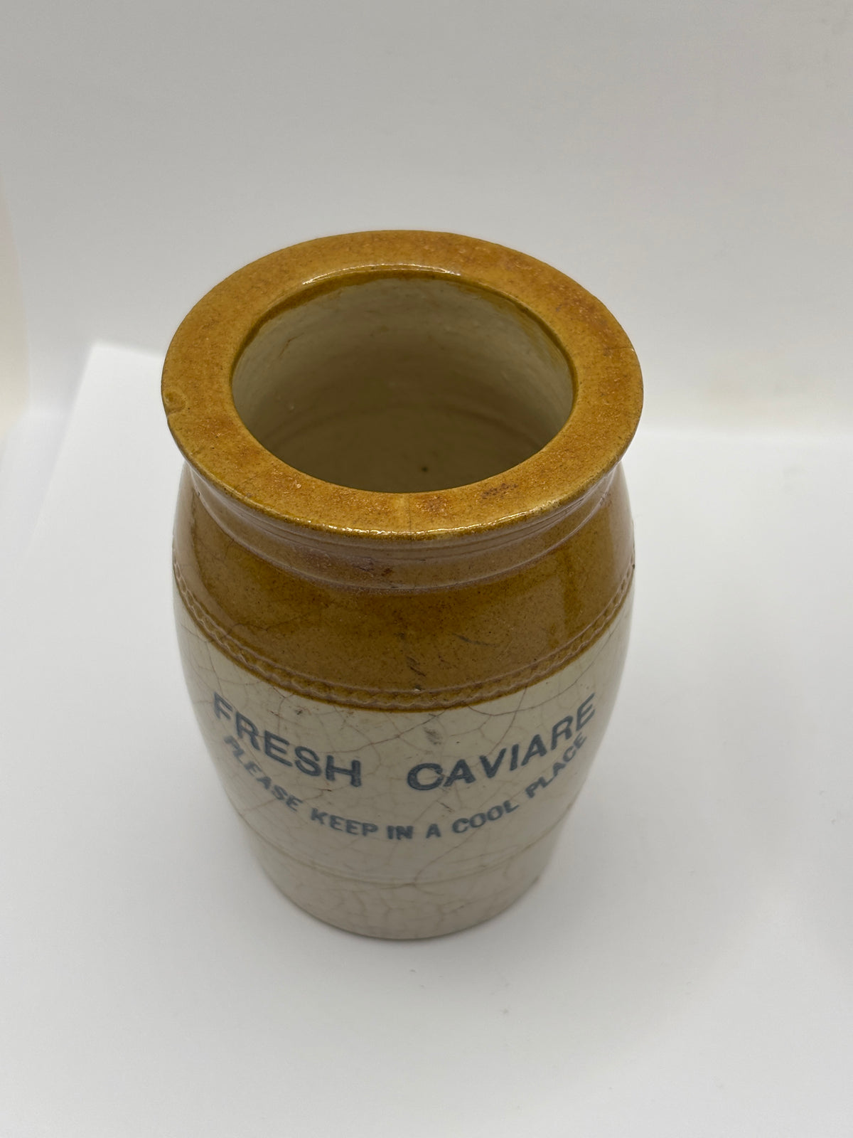 Old stoneware advertising jar, Fresh Caviare
