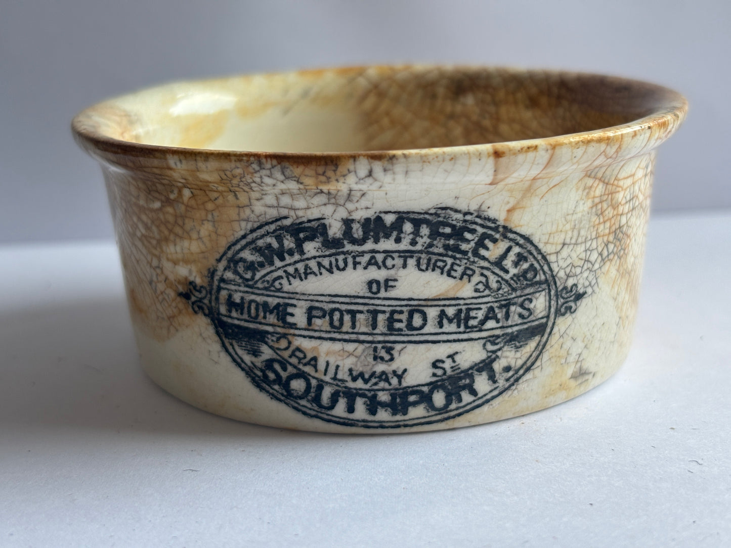 Old stained & crazed plumtree meat paste pot