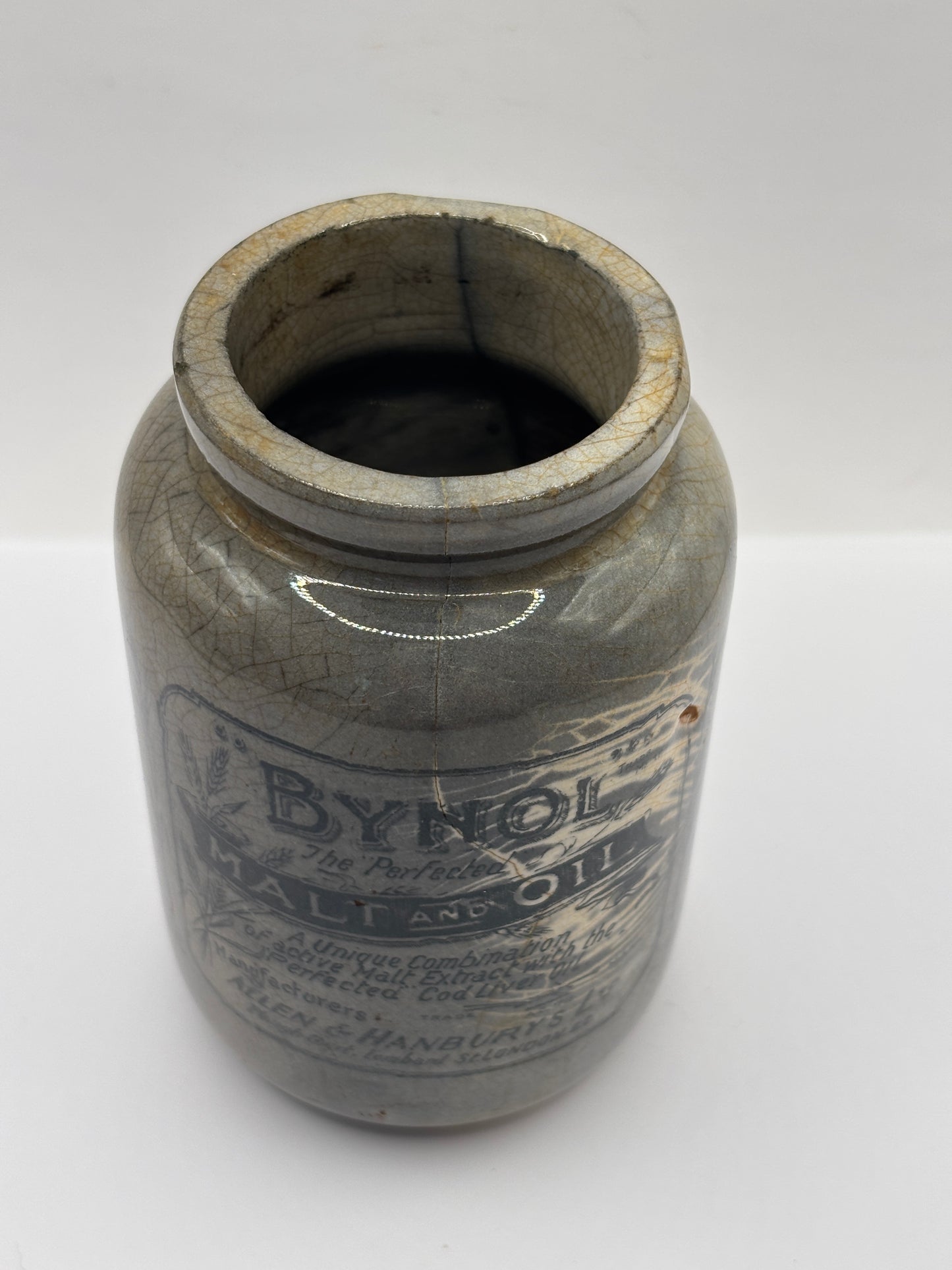 Old Bynol advertising jar, malt and oil. Damaged