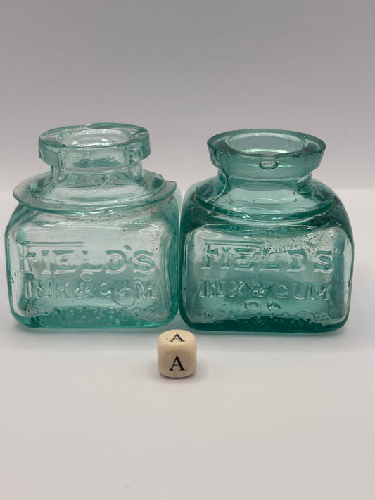 2 Old aqua glass advertising inkwells,ink bottle. Fields ink (a)