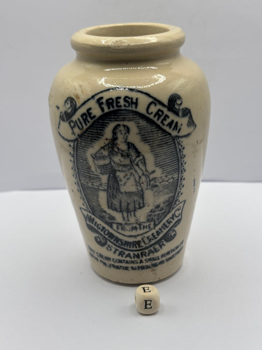 Old stoneware advertising cream pot, pure fresh cream Stranraer. (E)