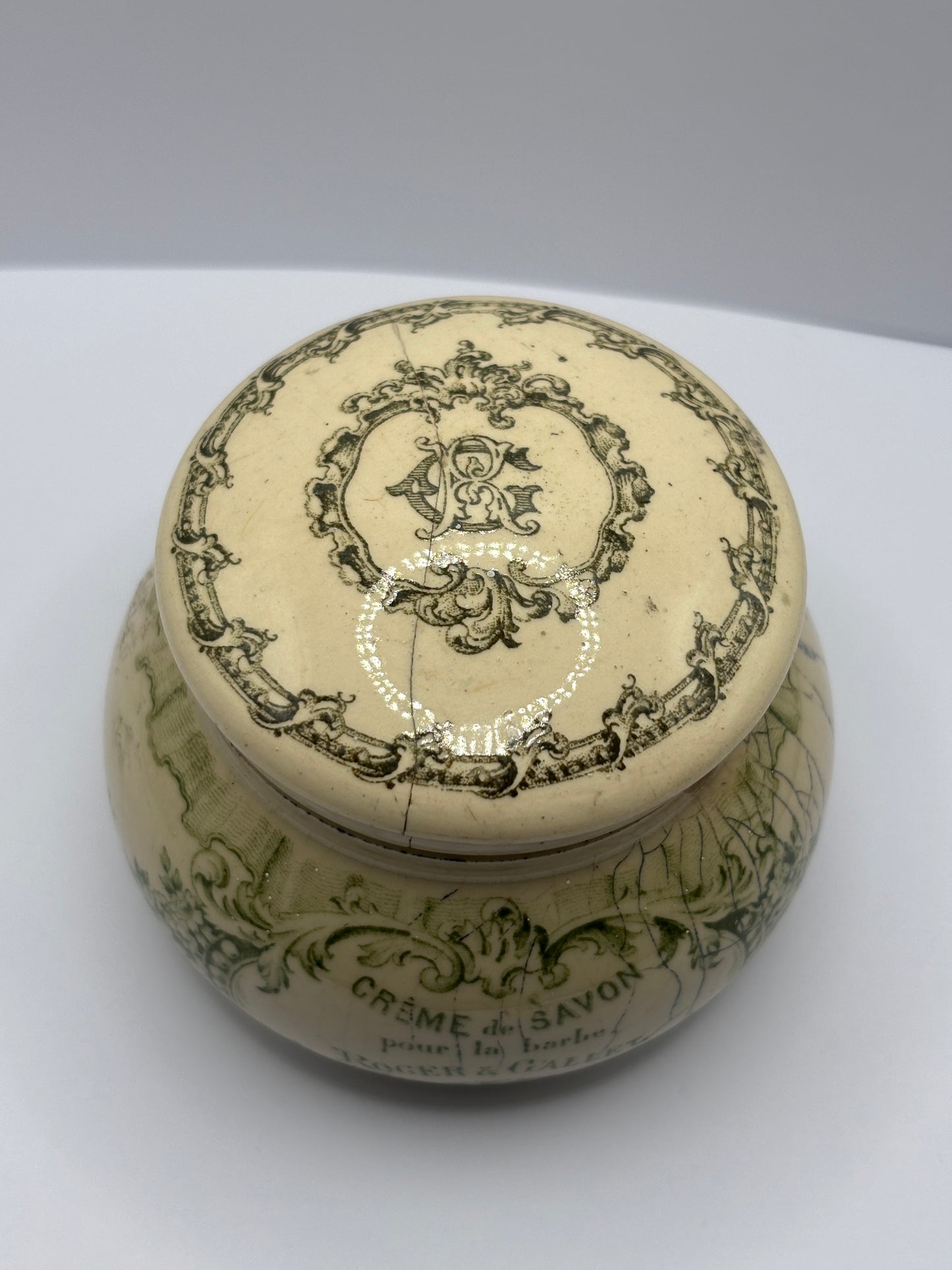 Old creme de savon advertising jar, Paris France. damages