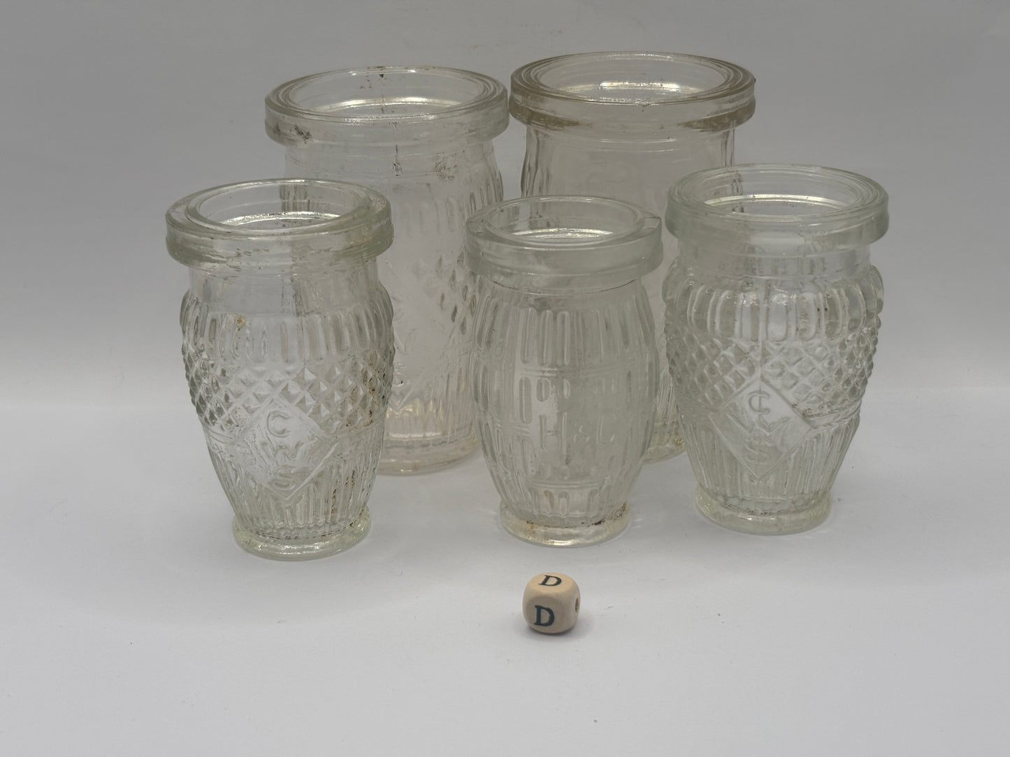 5 old clear glass meat paste jars (D)