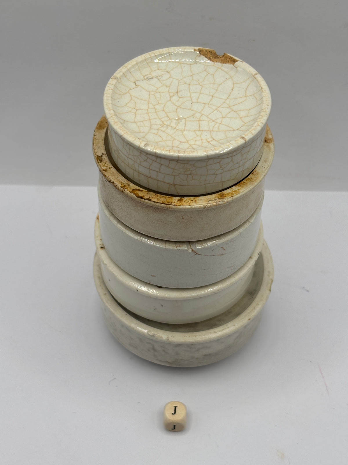 5 old stoneware pot lid bases, stackers (J)