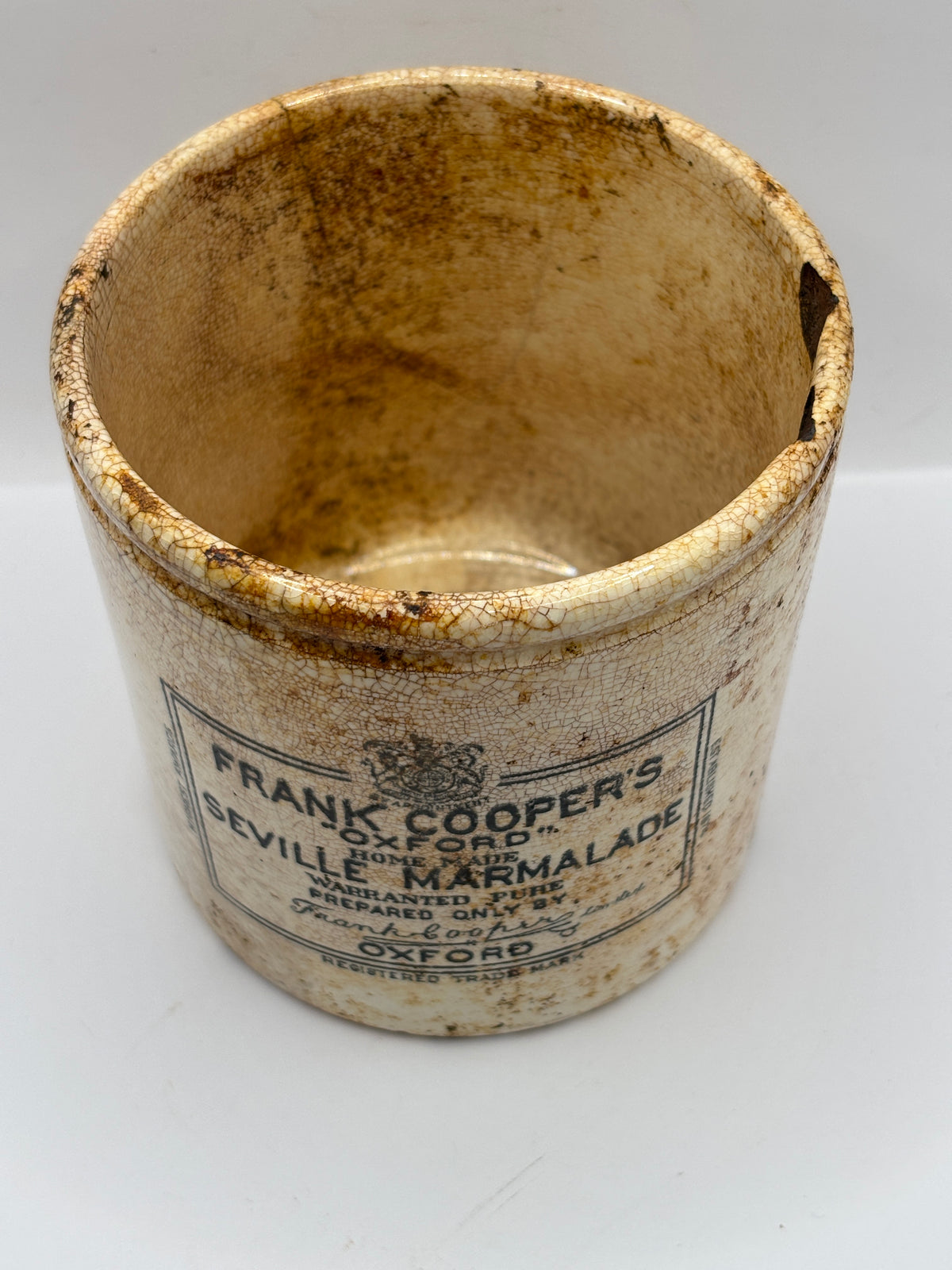 Old 2lb stoneware marmalade pot, Frank Coopers. Damaged
