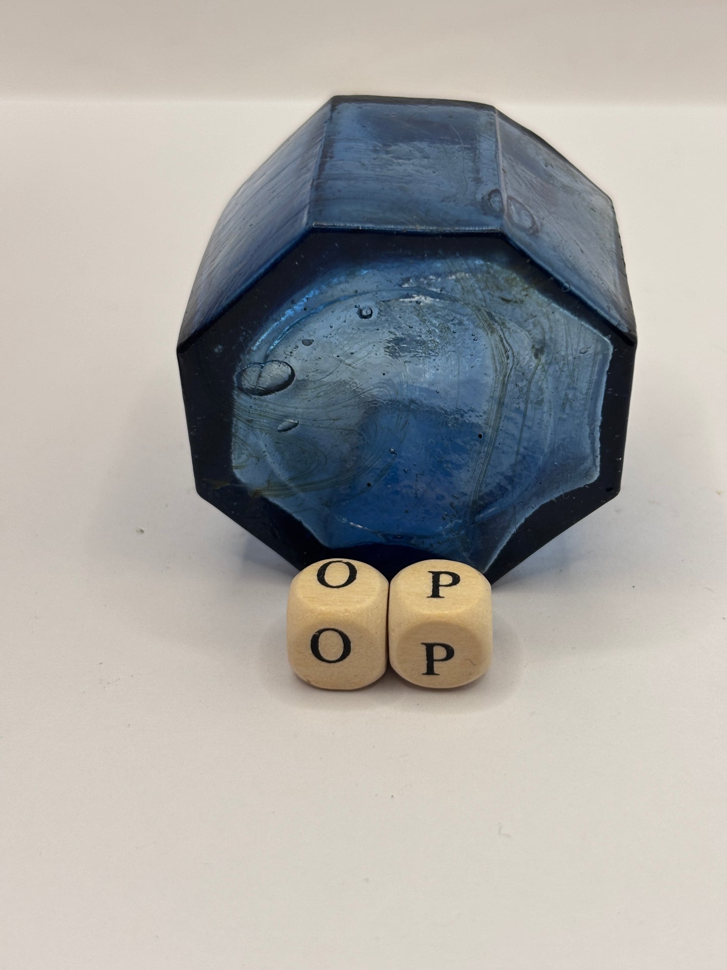 Old blue glass ink bottle, inkwell, penny ink (OP) slight swirls