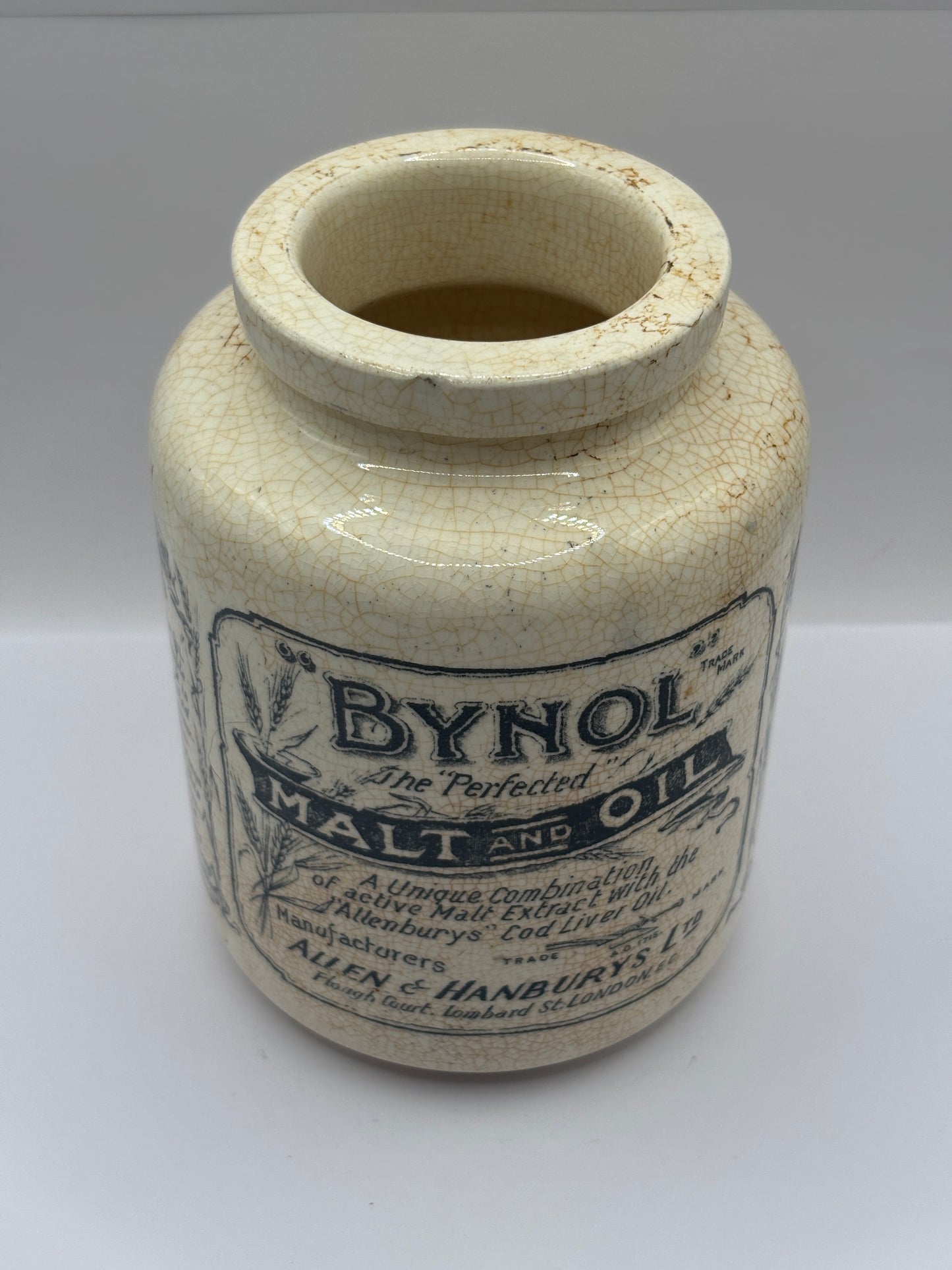 Old advertising jar, Bynol the perfected malt & oil