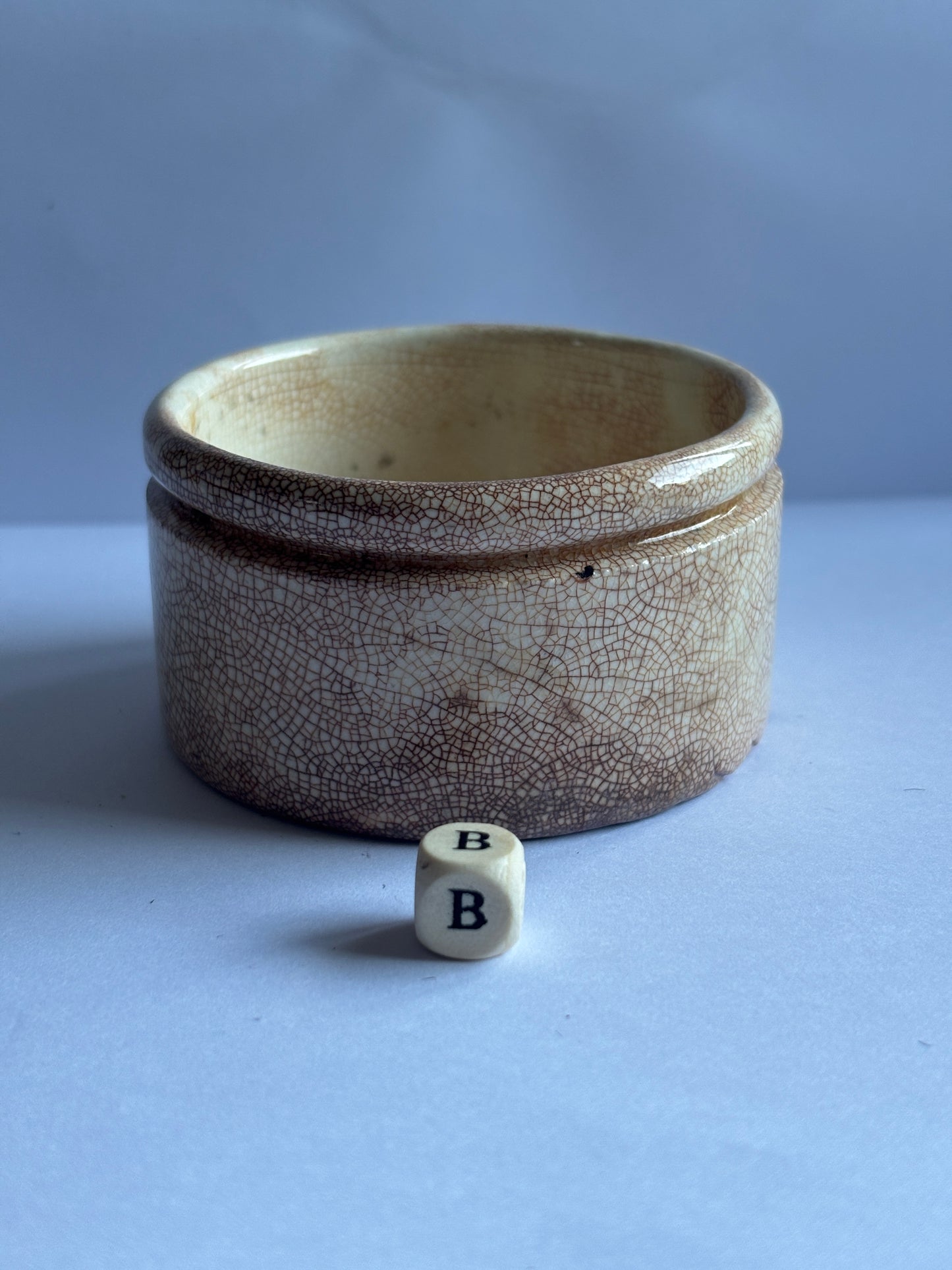 Old stained & crazed stoneware paste pot, Needhams polishing paste (B)