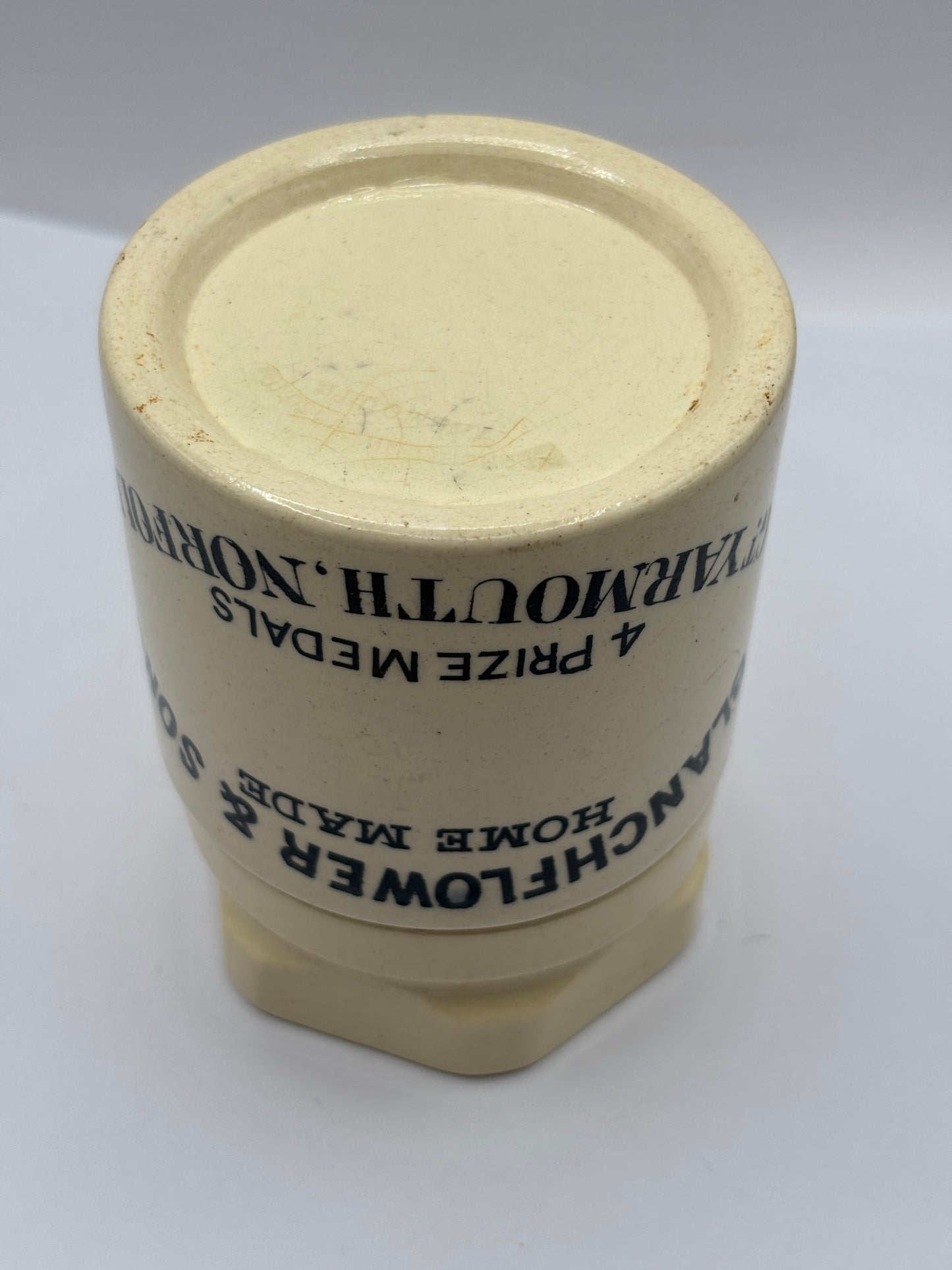Old stoneware potted meat jar and lid. Blanchflower. Chipped