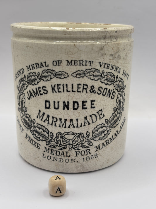 Old 1lb stoneware marmalade pot, James Keiller Dundee marmalade (a)