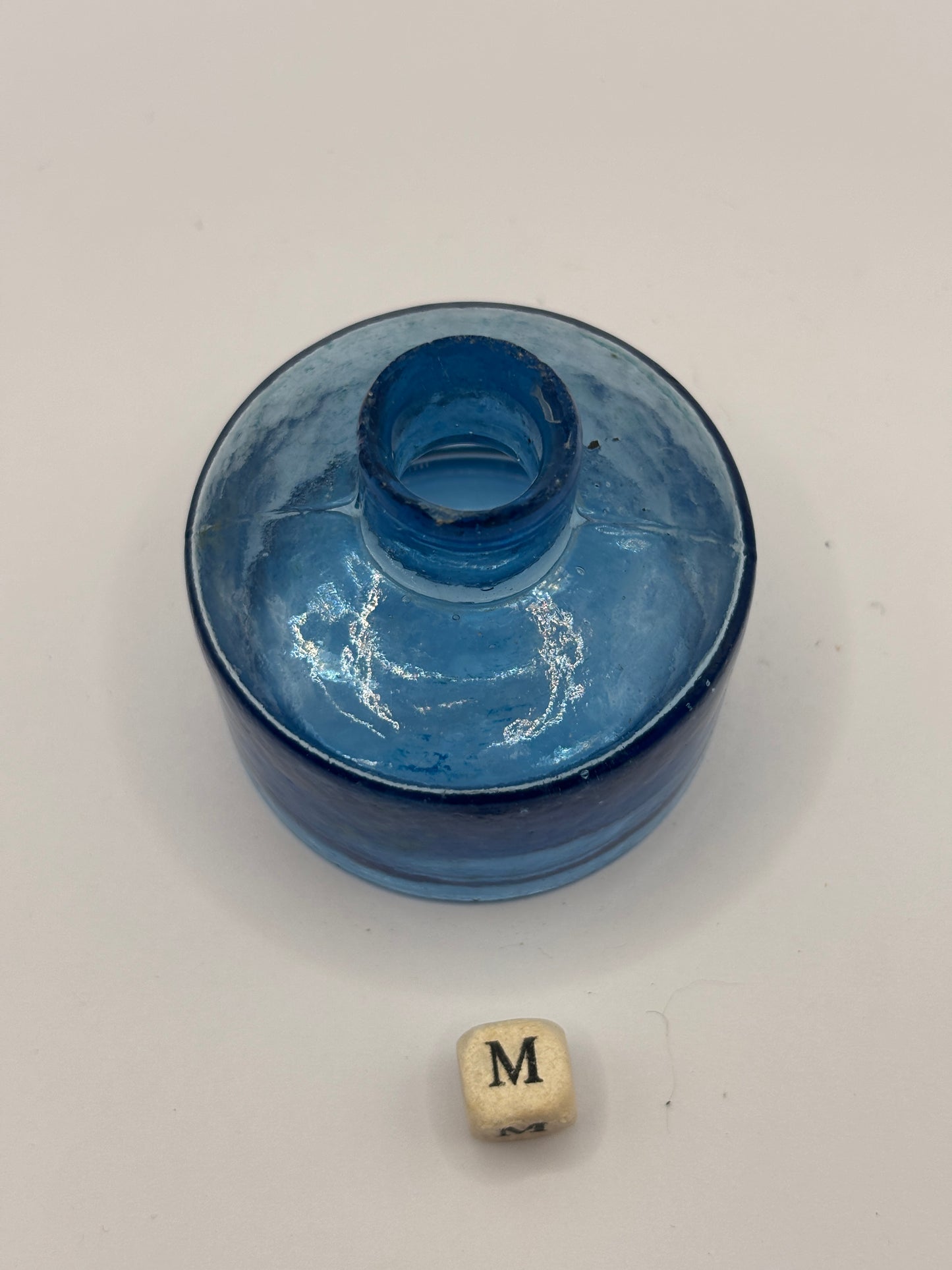 Old blue glass ink bottle, inkwell (m)