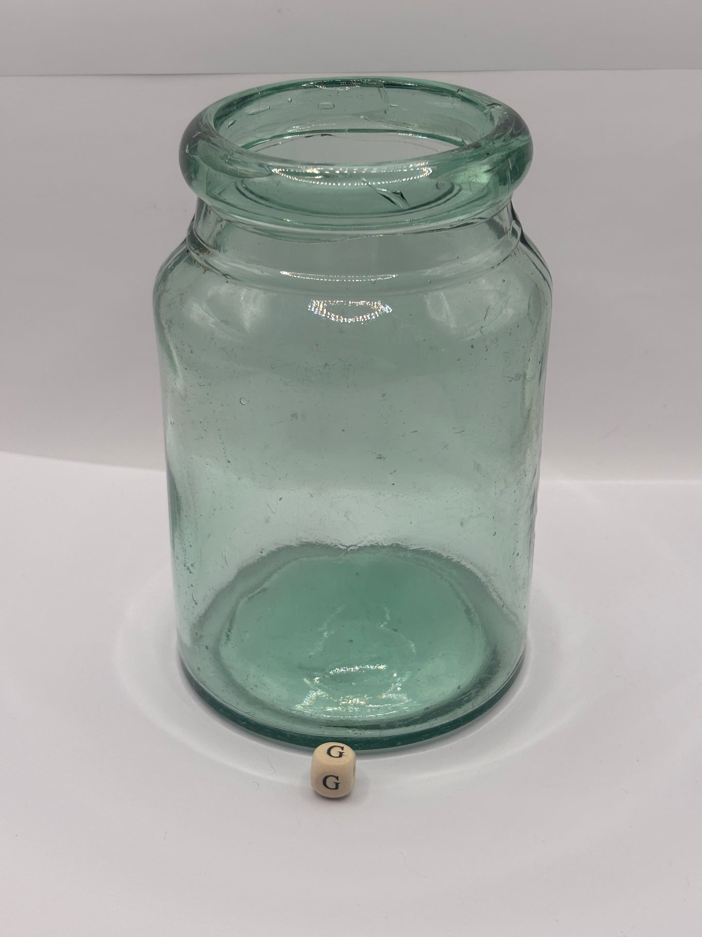 Old 2lb aqua glass pickle jar, rolled top (G)