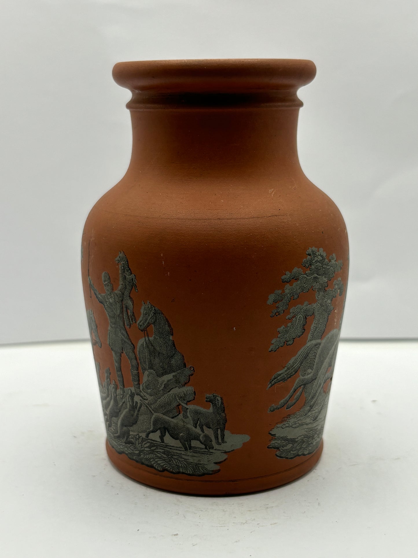 Brown prattware jar, hunting dogs