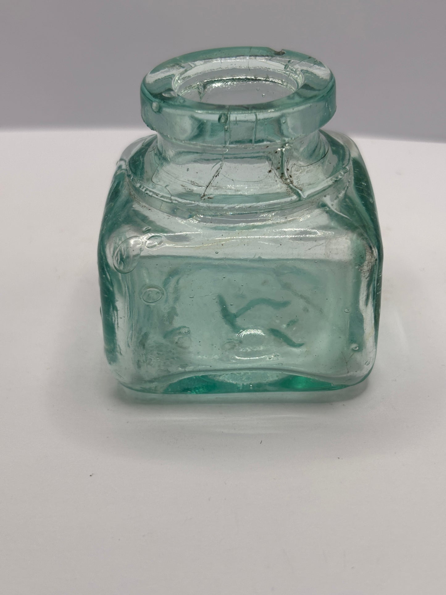 Old aqua glass ink bottle, inkwell. fields ink & gum