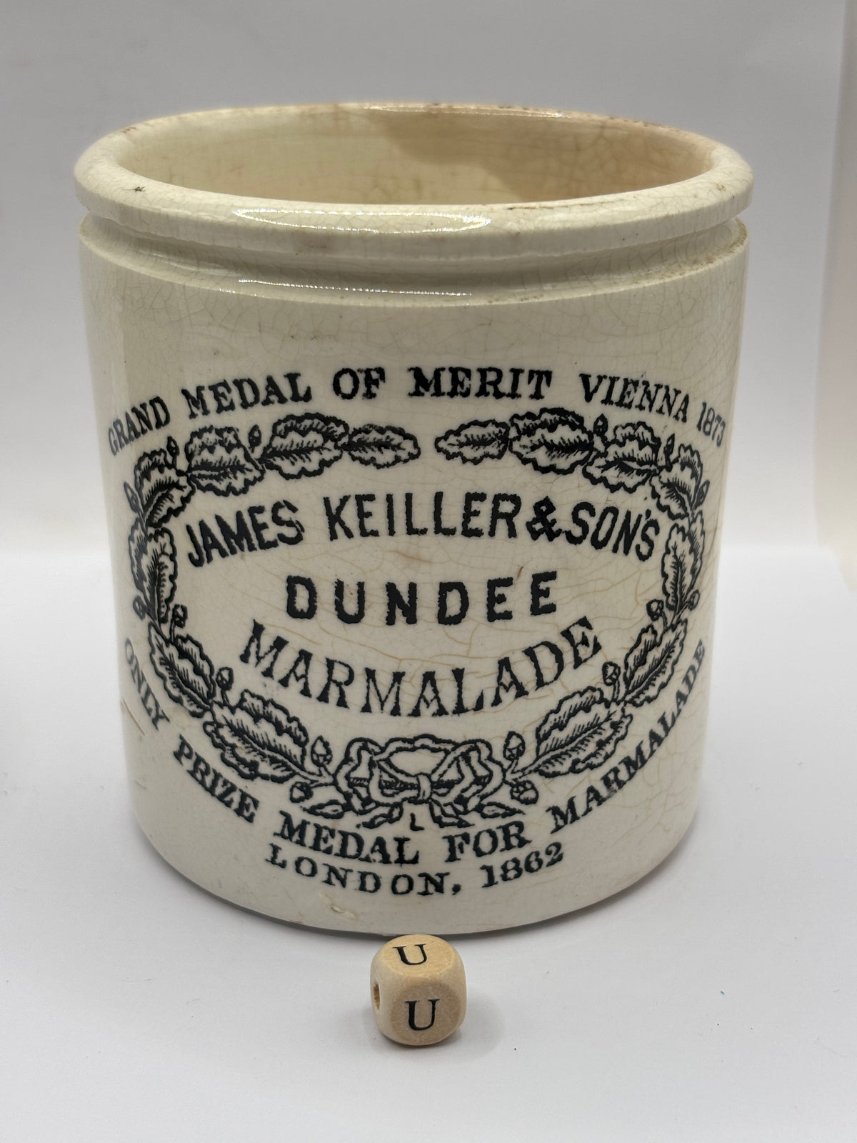 Old 1lb stoneware marmalade pot, James Keiller Dundee marmalade (u)