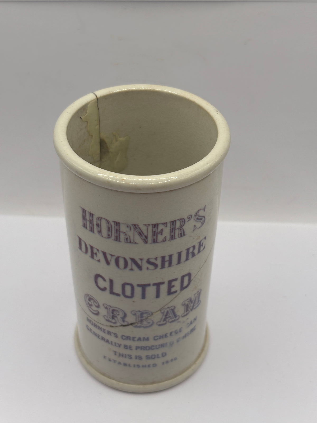 Old rare purple print advertising clotted cream Jar, Horners devonshire clotted cream. Repaired (badly)