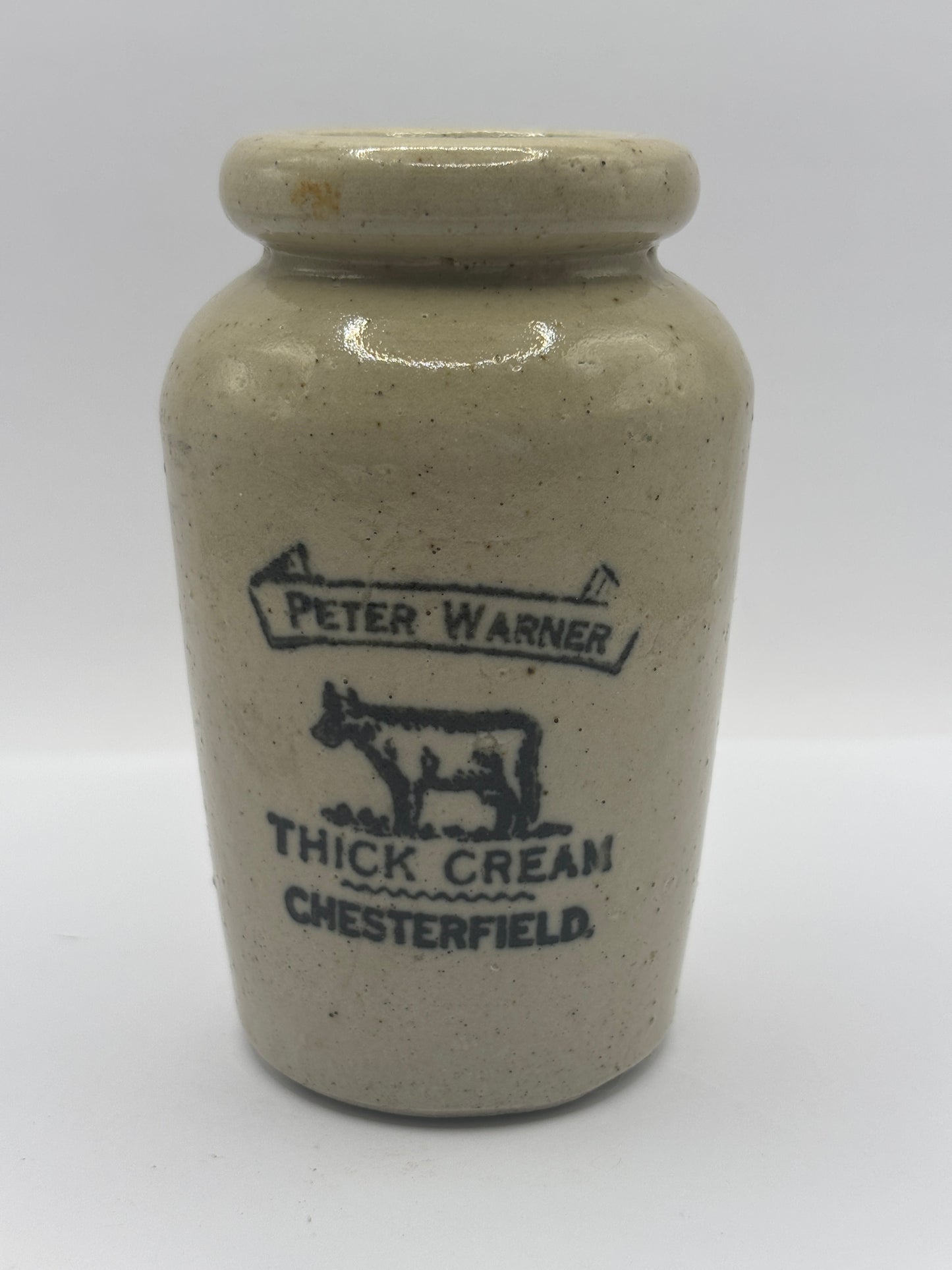 Old advertising cream pot, Peter Warner. Thick cream, Chesterfield