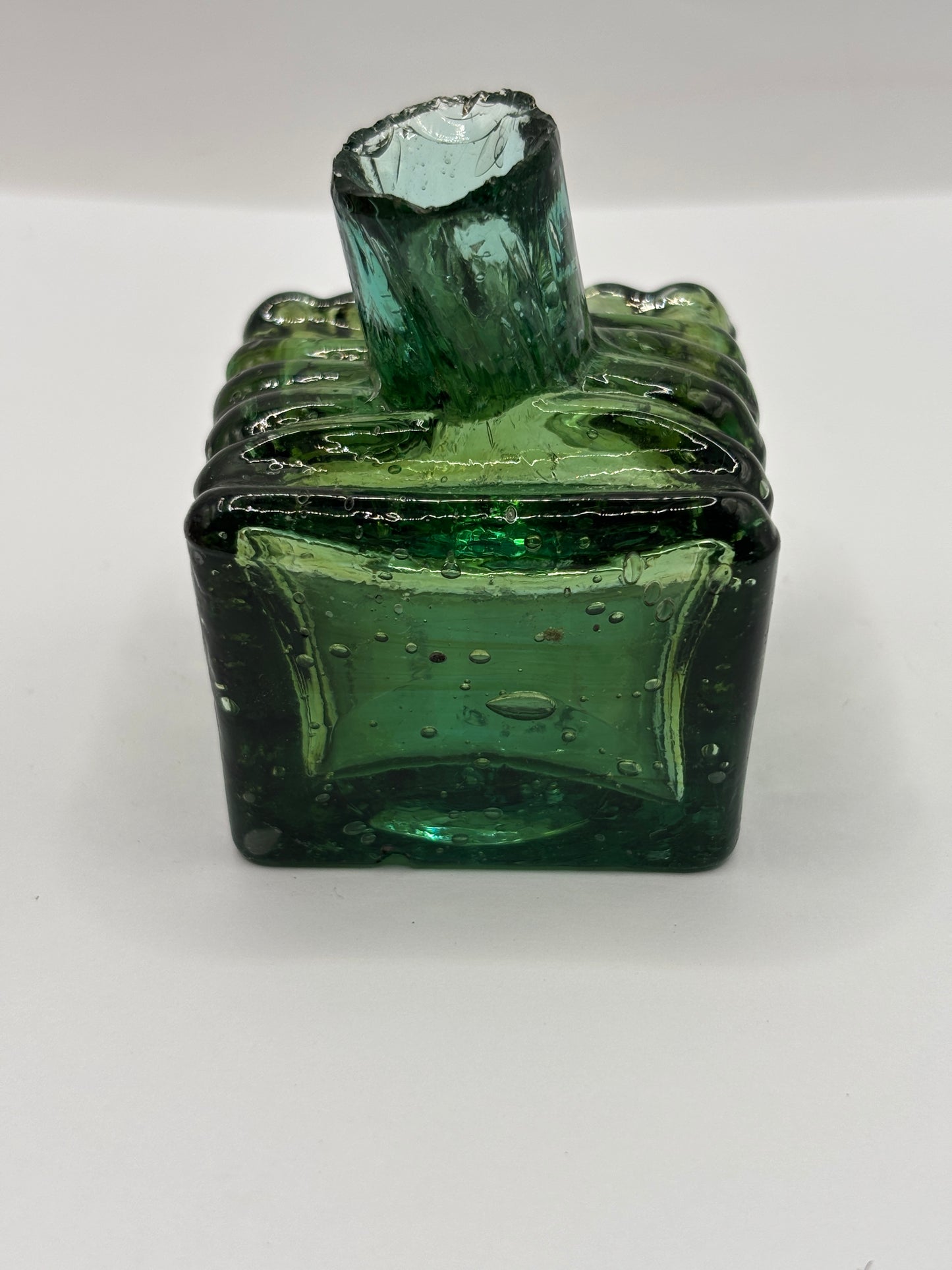 Old green glass ribbed inkwell, ink bottle, penny ink