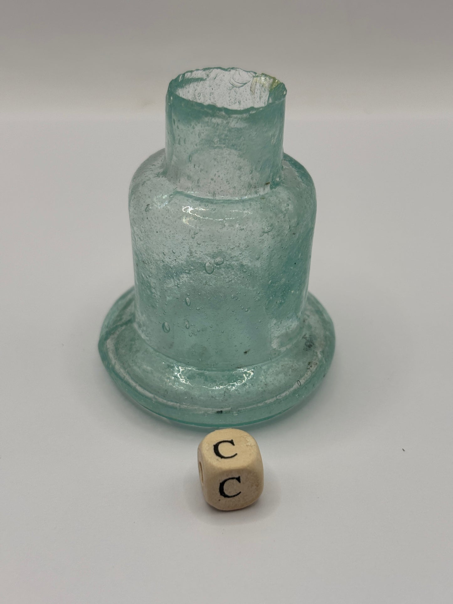 Old aqua glass inkwell, Bell ink (c)