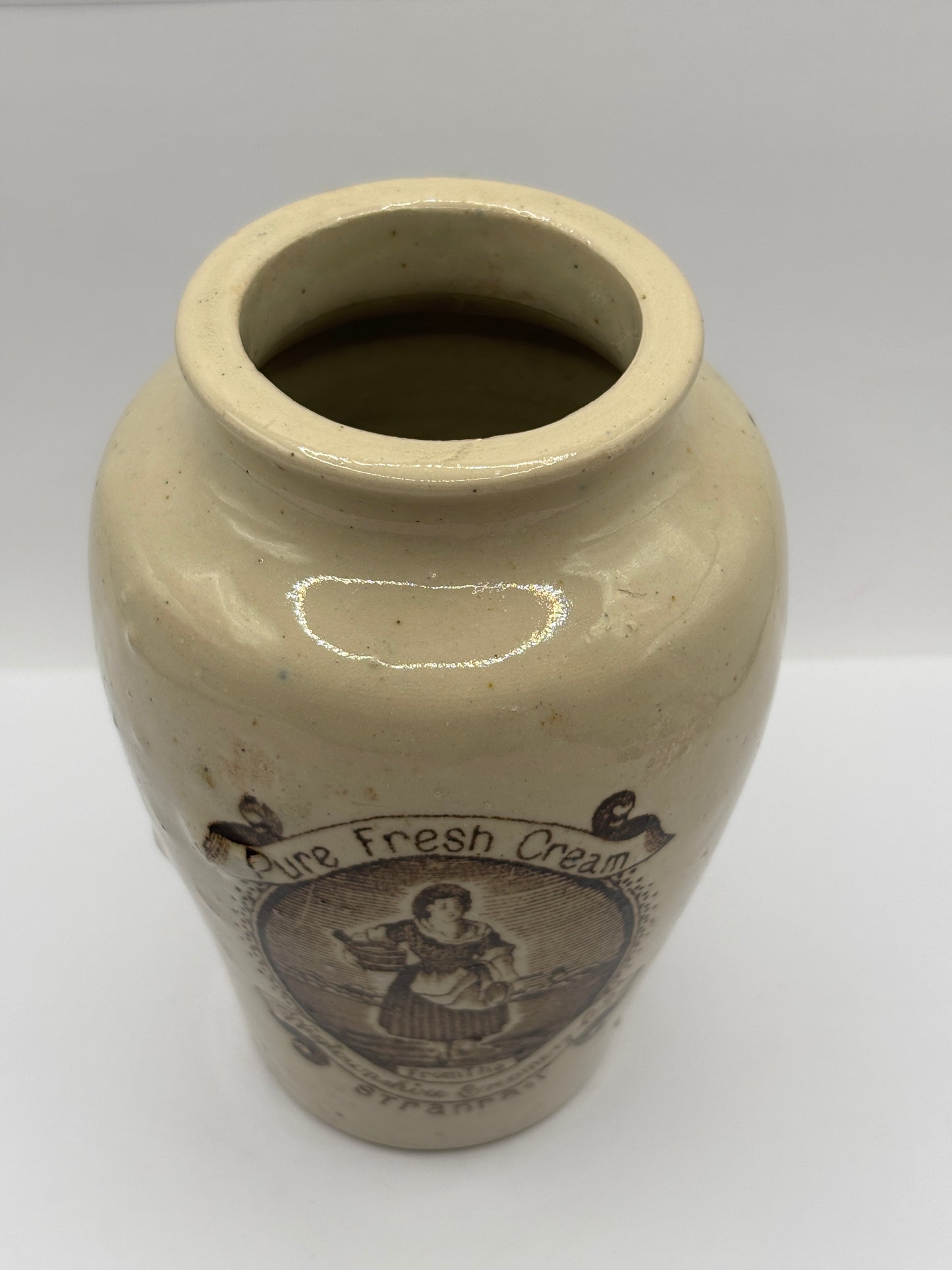 Old XL stoneware advertising cream pot, pure fresh cream Stranraer. Serpia print 13.5cms