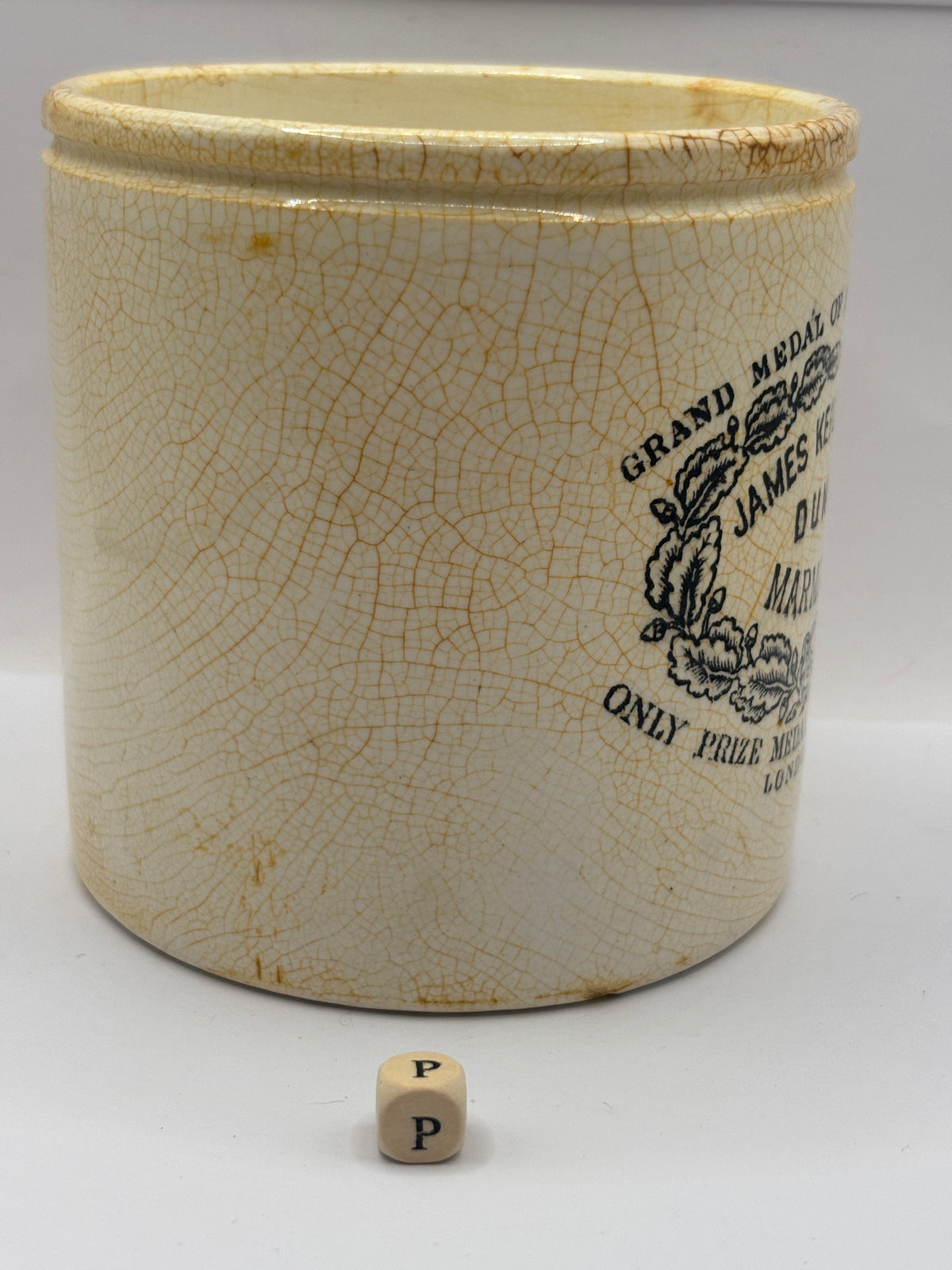 Old 2lb stoneware marmalade pot, James Keiller Dundee marmalade (P) damaged