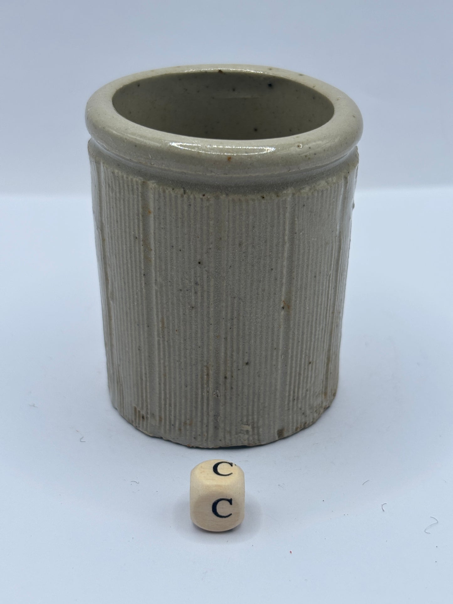 Old mini ribbed stoneware jam pot (c)