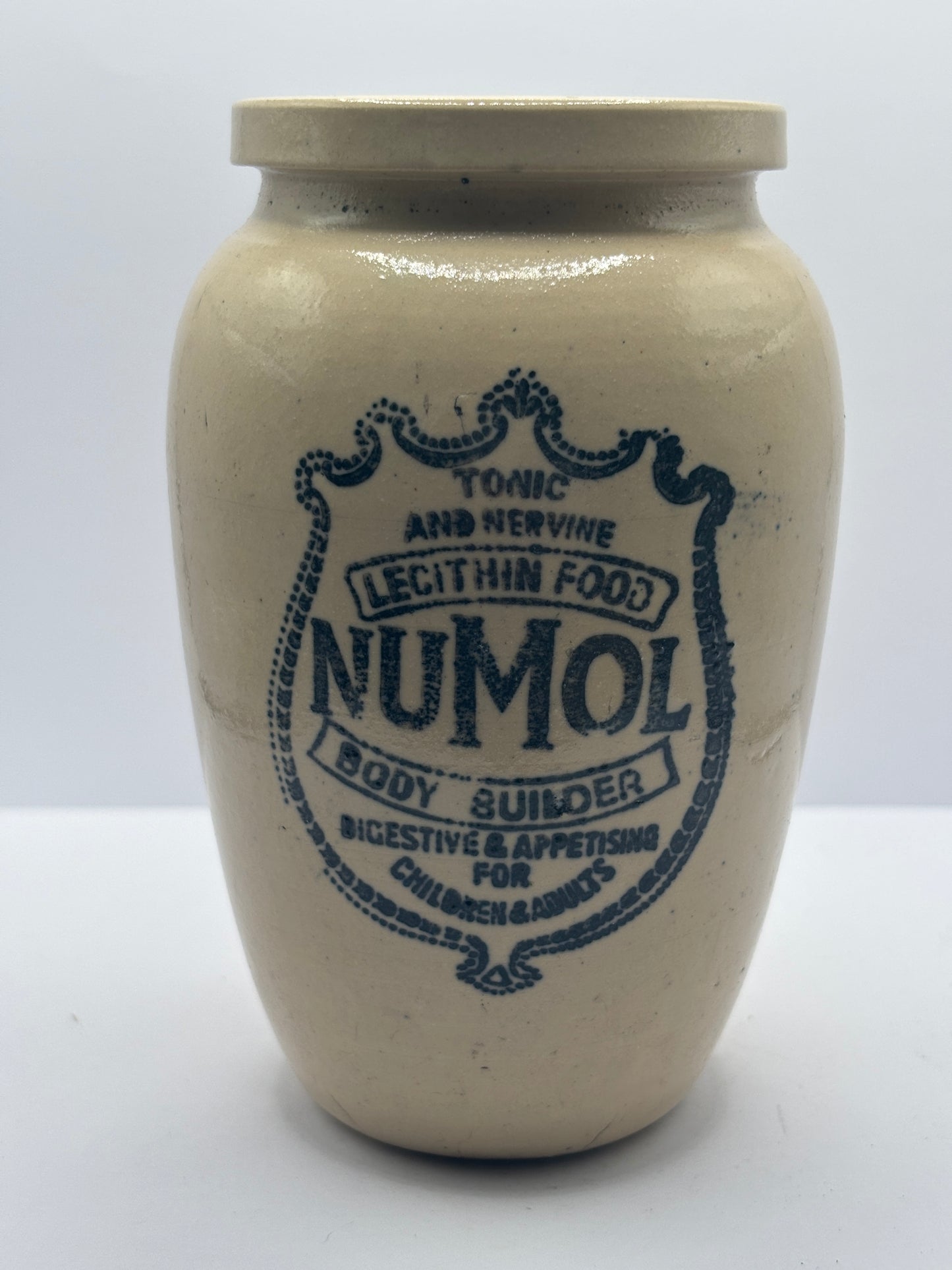 Old numol body builder advertising jar, 13cms