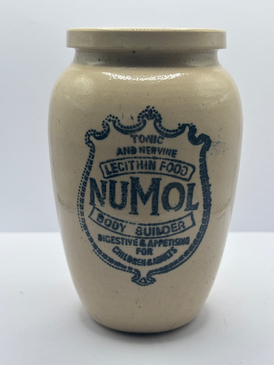 Old numol body builder advertising jar, 13cms