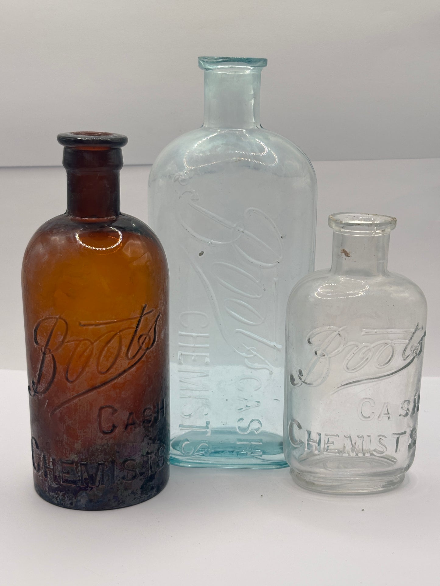 3 Old crusty glass Boots cash chemists bottles