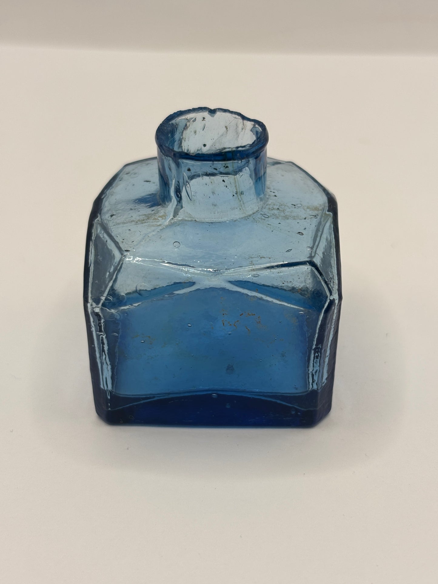 Old blue glass inkwell, ink bottle, penny ink