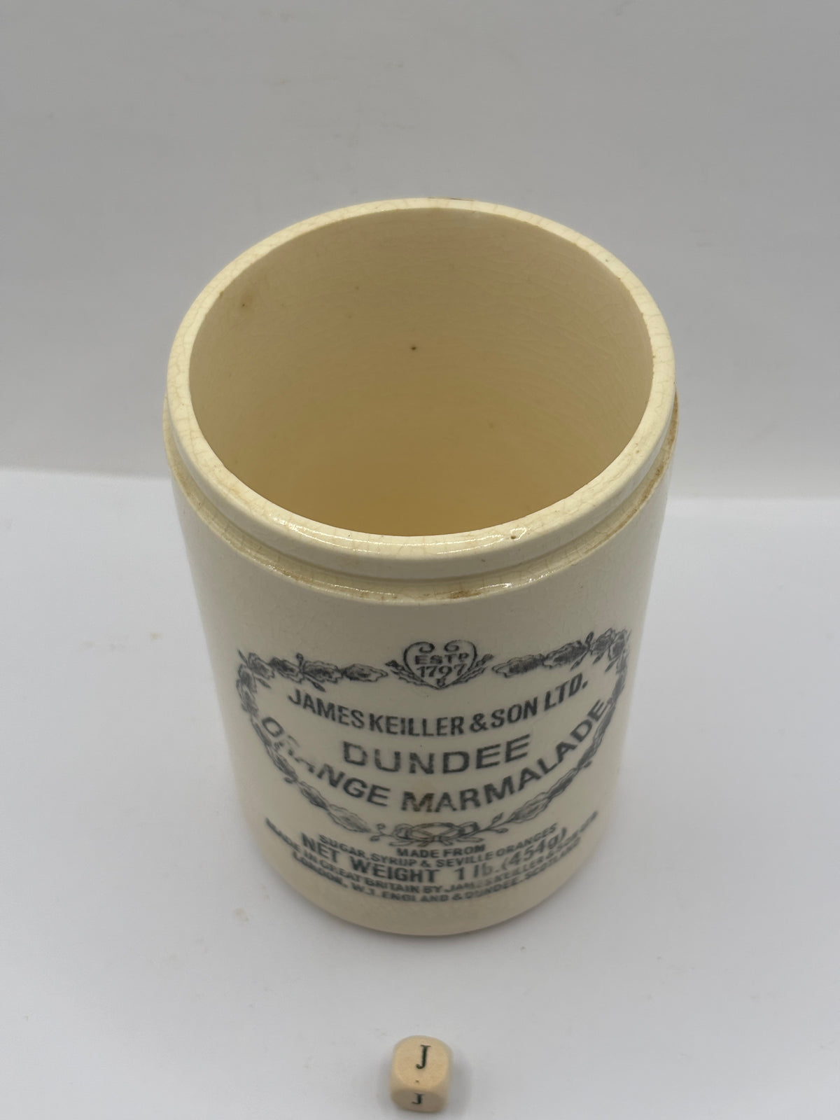 Old 1lb stoneware marmalade pot, James Keiller Dundee marmalade (J)