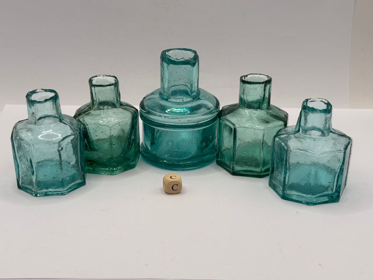 5 old dark aqua glass inks, inkwells, ink bottles, penny ink (C)
