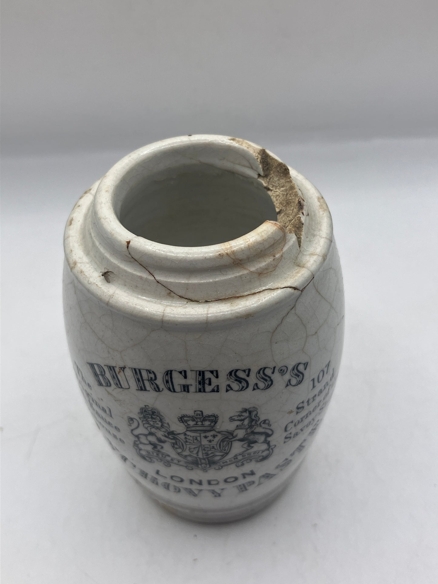 Burgess’s anchovy paste advertising pot, Damaged